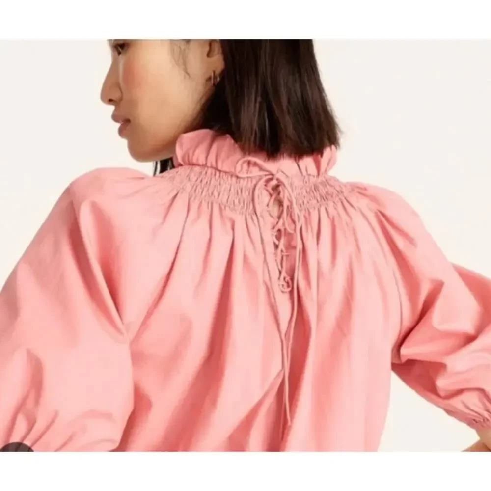 J Crew Womens XS Pink Smocked Neck Puff Sleeve Cotton Poplin Top Lace Up Back